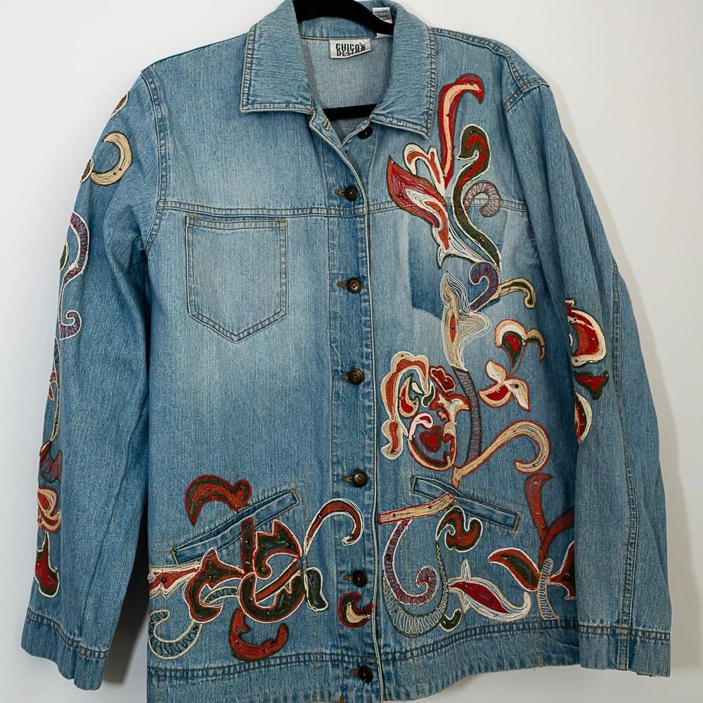 Chico's Design Floral embroidered jean denim jacket 1 M boho